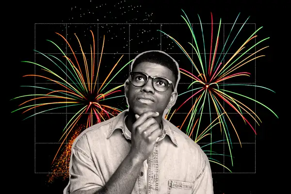 Photo collage of a man looking up at fire works with a pondering expression